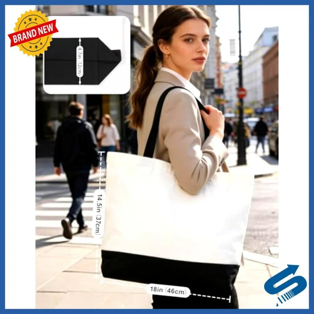 Large Canvas Tote Bag with Magnetic Snap and Inner Pocket Reusable Multipurpose